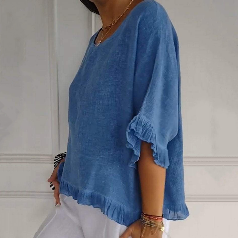 Einfarbige, kurzärmlige Oberteile mit Rundhalsausschnitt und Rüschen für Damen