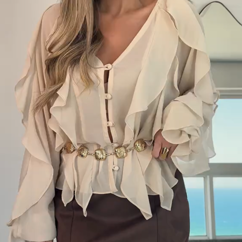 V-Neck Button Closure Ruffle Trimmed Blouse