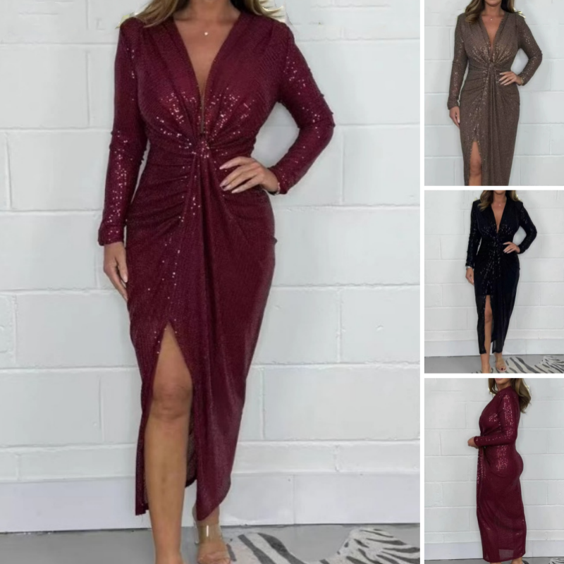 💖Black-Friday-Mega-Angebot – 50 % Rabatt!💖Sexy Pailletten-Kleid mit tiefem V-Ausschnitt