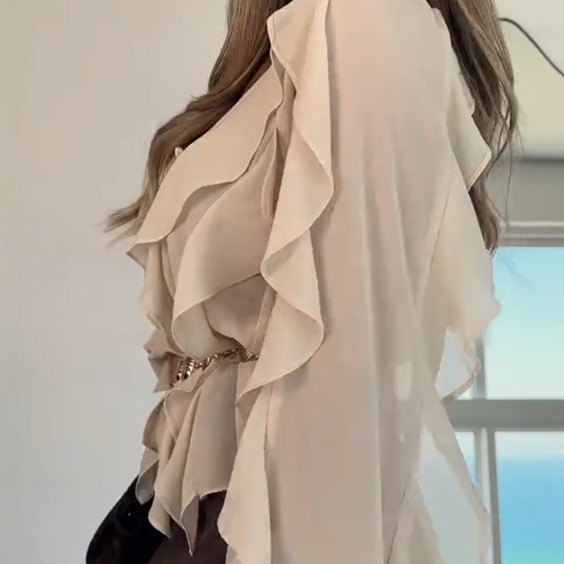 V-Neck Button Closure Ruffle Trimmed Blouse