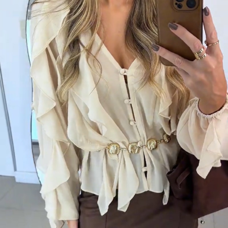 V-Neck Button Closure Ruffle Trimmed Blouse