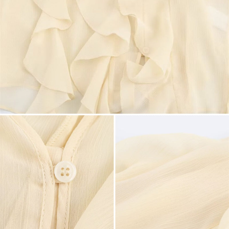 V-Neck Button Closure Ruffle Trimmed Blouse