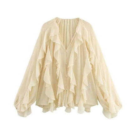 V-Neck Button Closure Ruffle Trimmed Blouse
