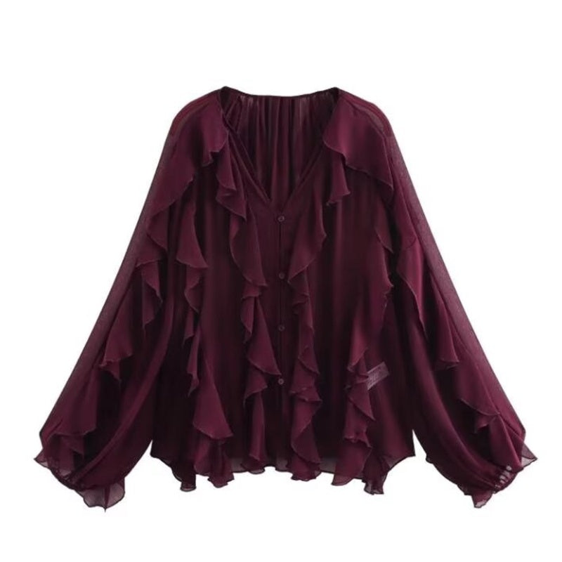 V-Neck Button Closure Ruffle Trimmed Blouse
