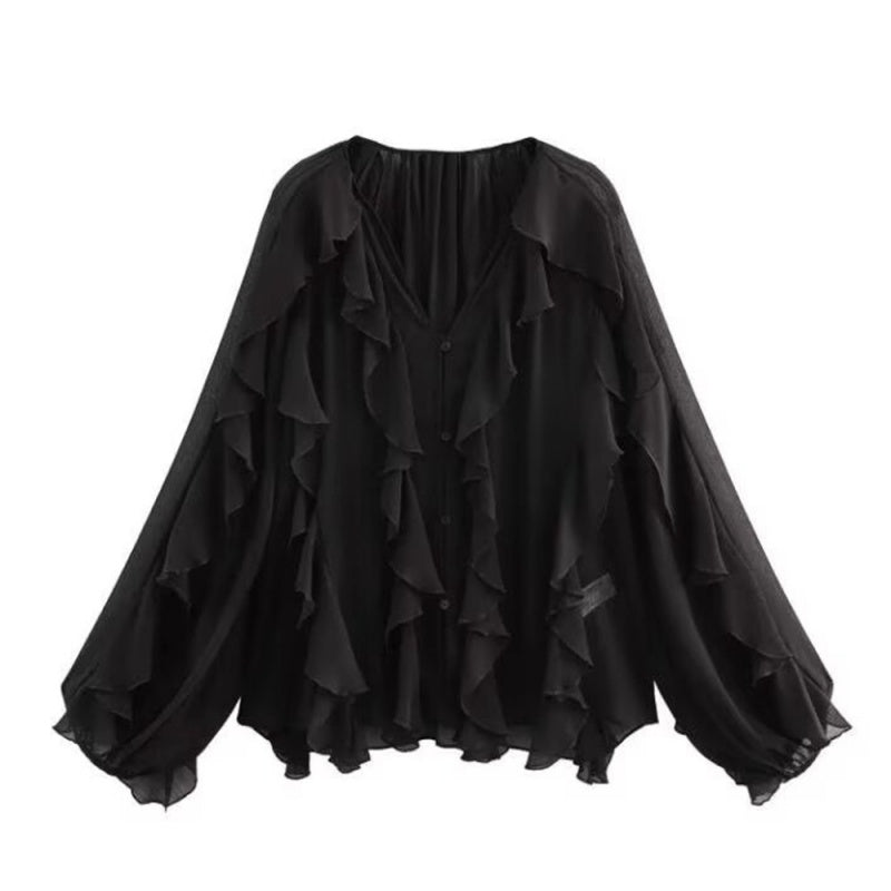 V-Neck Button Closure Ruffle Trimmed Blouse