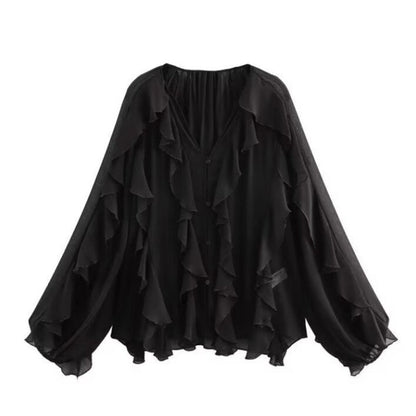 V-Neck Button Closure Ruffle Trimmed Blouse