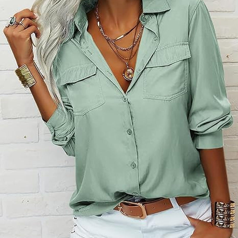 👔 LIMITED-TIME 50% OFF! 💥 Women's Solid Lapel Long Sleeve Button-Down Shirt – V-Neck, Chest Pockets, Loose Fit ✨