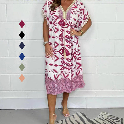 ✨Hot Sale 49% Off🌸Bedrucktes Freizeitkleid mit V-Ausschnitt und Fransen an den kurzen Ärmeln