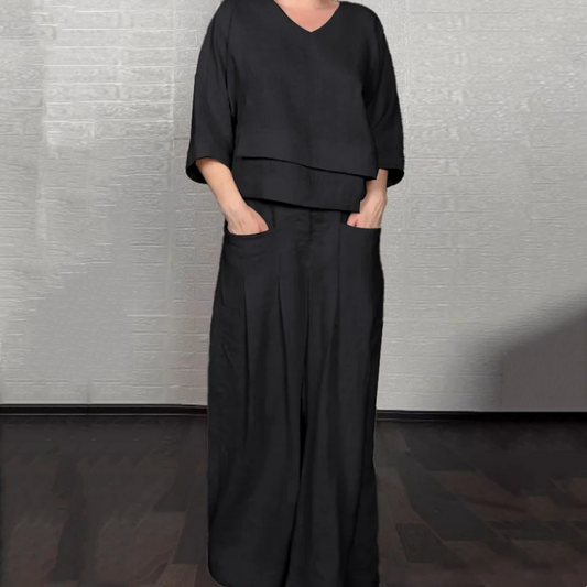 💎 2-teiliges Set aus Baumwoll-Leinen mit unregelmäßigem Saum – V-Ausschnitt-Oberteil + Weitbein-Hose, atmungsaktiv & mühelos stilvoll 🍂👚