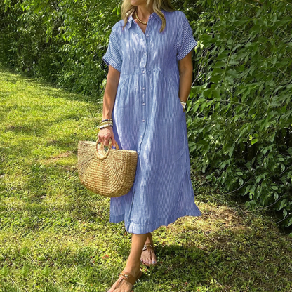 💗SOMMERANGEBOT - 50% RABATT💗Gestreiftes langes Blusenkleid mit V-Ausschnitt und Kragen für Damen