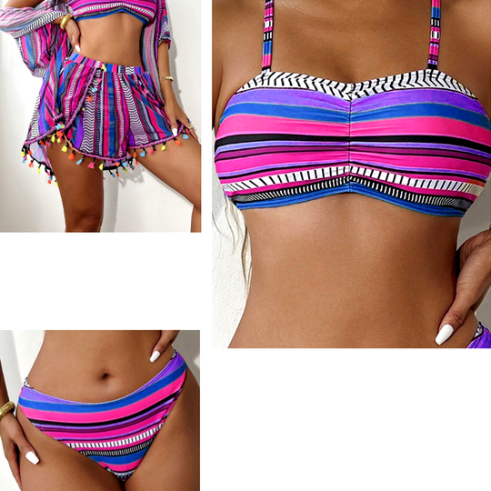 💎 50% RABATT! 💎 Damen 4-teiliges gestreiftes Bikini-Set – Hochgeschnitten, Schnelltrocknend &amp; mit Strandüberwurf + Shorts 🩱🌴