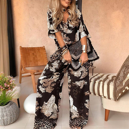 🍁Letzter Tag: 50% Rabatt✨Damen-Set mit Print: Top mit V-Ausschnitt & lange Hose