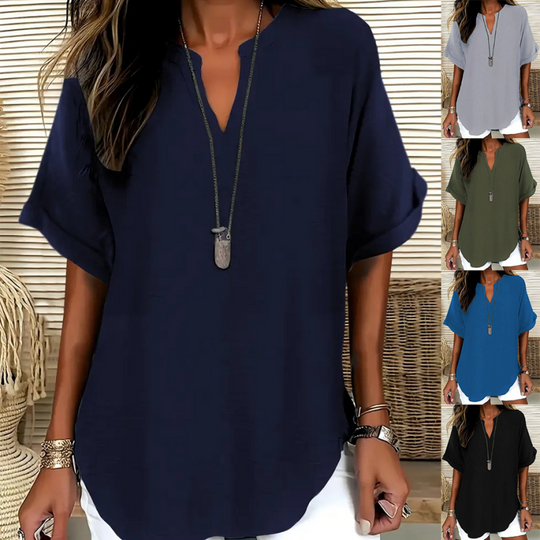 💎 50% OFF! 💎 Fashion Loose Short Sleeve Top – Notched V-Neck, Asymmetrical Hem &amp; Lightweight Fabric (5 Colors, S–2XL) 👕🌸