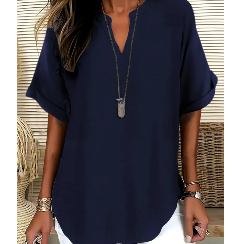 💎 50% OFF! 💎 Fashion Loose Short Sleeve Top – Notched V-Neck, Asymmetrical Hem &amp; Lightweight Fabric (5 Colors, S–2XL) 👕🌸
