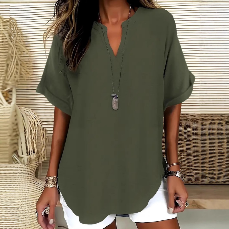 💎 50% OFF! 💎 Fashion Loose Short Sleeve Top – Notched V-Neck, Asymmetrical Hem &amp; Lightweight Fabric (5 Colors, S–2XL) 👕🌸
