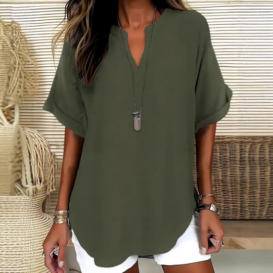💎 50% OFF! 💎 Fashion Loose Short Sleeve Top – Notched V-Neck, Asymmetrical Hem &amp; Lightweight Fabric (5 Colors, S–2XL) 👕🌸