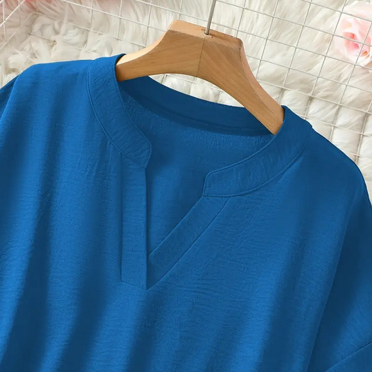 💎 50% OFF! 💎 Fashion Loose Short Sleeve Top – Notched V-Neck, Asymmetrical Hem &amp; Lightweight Fabric (5 Colors, S–2XL) 👕🌸