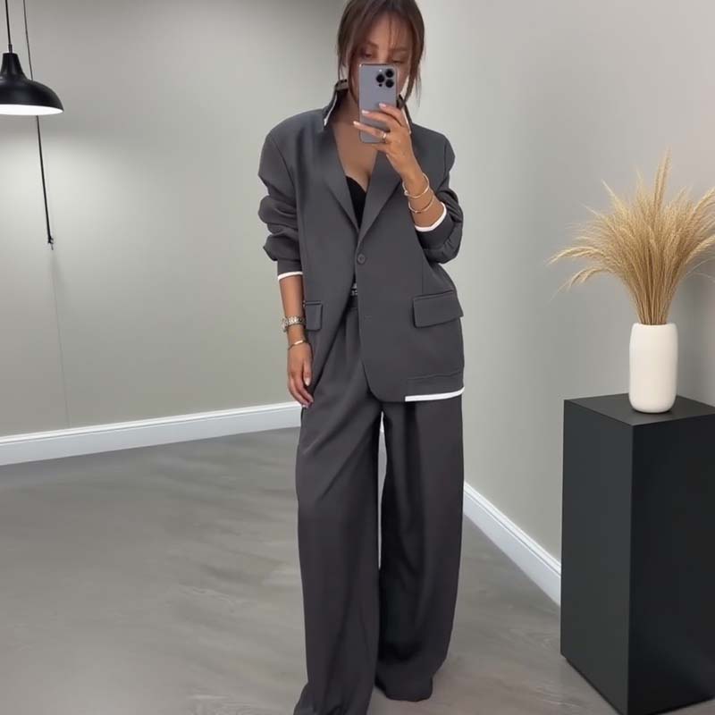 Damen-Zweiteiler: Blazer mit langen Ärmeln &amp; Hose mit weitem Bein