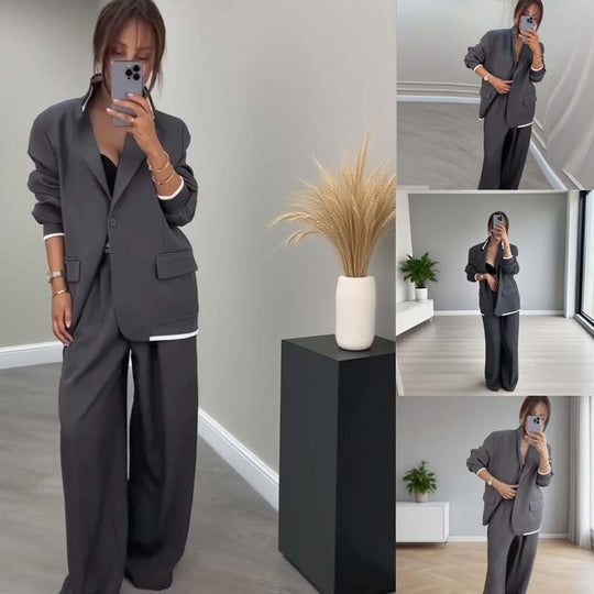 Damen-Zweiteiler: Blazer mit langen Ärmeln &amp; Hose mit weitem Bein