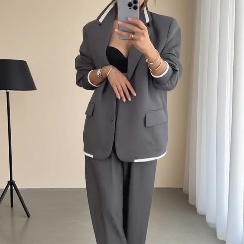 Damen-Zweiteiler: Blazer mit langen Ärmeln &amp; Hose mit weitem Bein