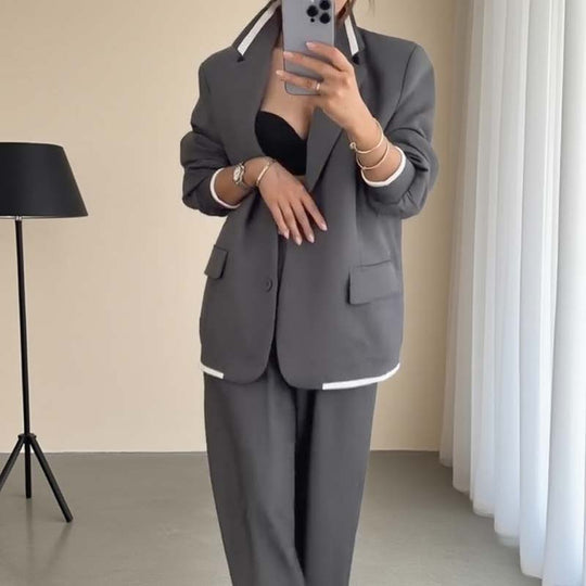 Damen-Zweiteiler: Blazer mit langen Ärmeln &amp; Hose mit weitem Bein