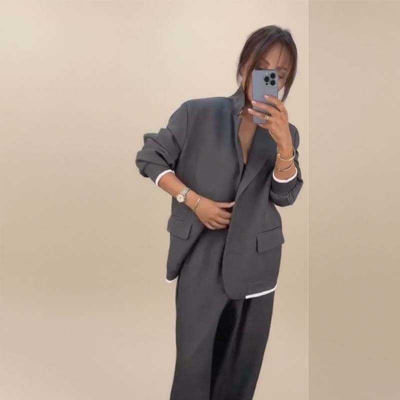 Damen-Zweiteiler: Blazer mit langen Ärmeln &amp; Hose mit weitem Bein