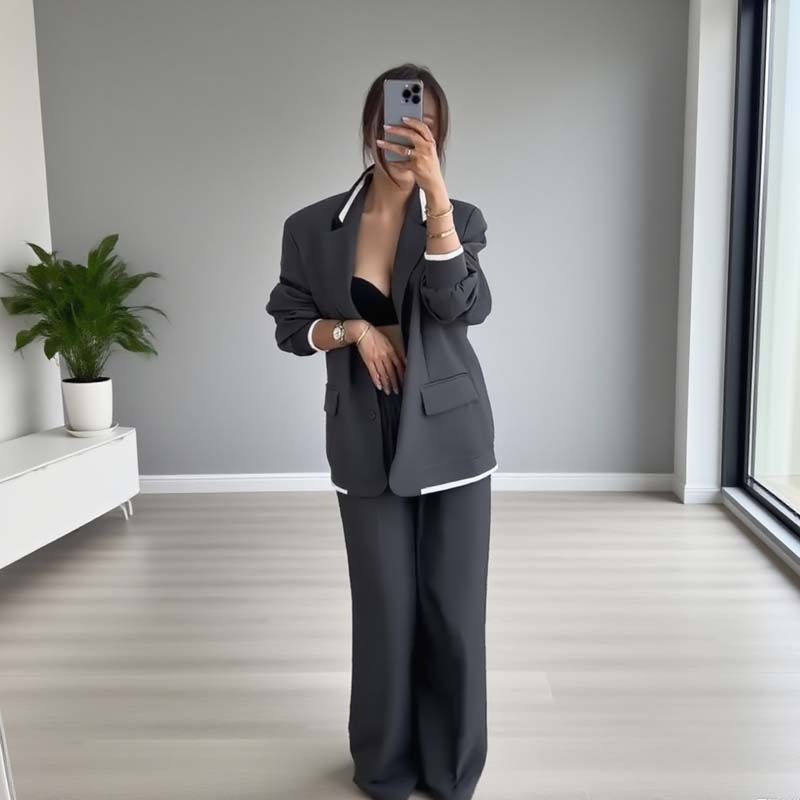 Damen-Zweiteiler: Blazer mit langen Ärmeln &amp; Hose mit weitem Bein