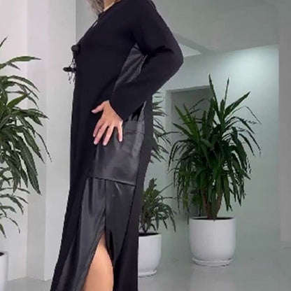 Lässiges, lockeres Kleid mit Leder-Patchwork und Taschen für Damen