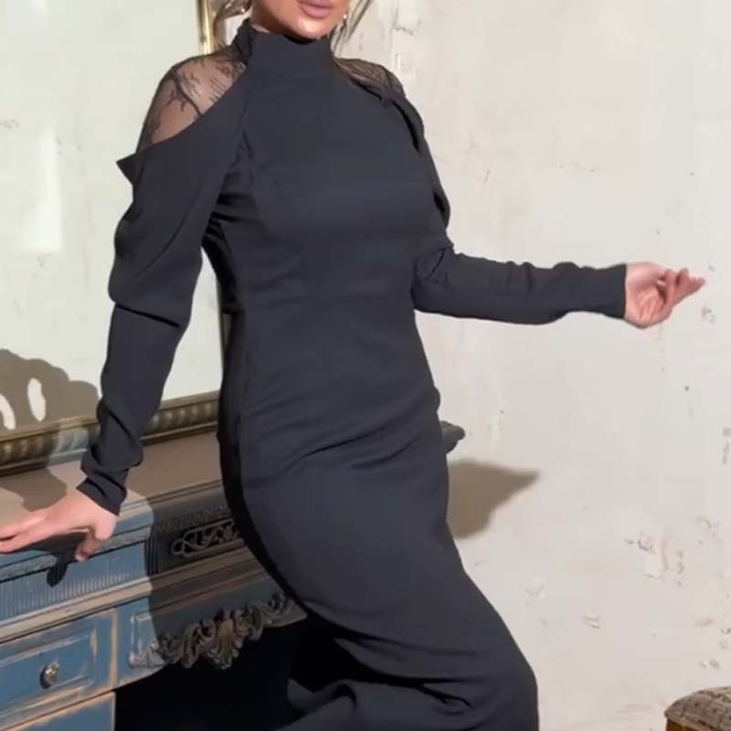 💃2025 Neues Design👗Damen elegantes Midikleid mit Stehkragen und Spitzen-Detail am Rücken✨Letzter Tag des Halbpreisverkaufs❤️‍🔥