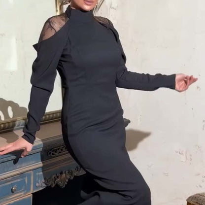 💃2025 Neues Design👗Damen elegantes Midikleid mit Stehkragen und Spitzen-Detail am Rücken✨Letzter Tag des Halbpreisverkaufs❤️‍🔥