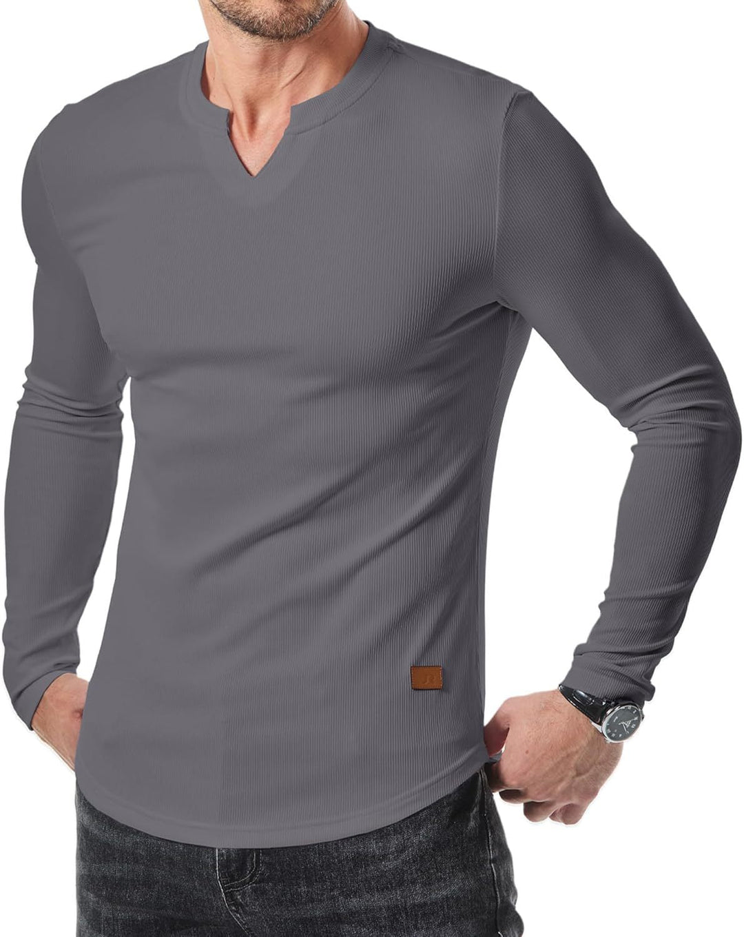 Ripp-Langarmshirt mit V-Ausschnitt für Fitness, Training &amp; Sport