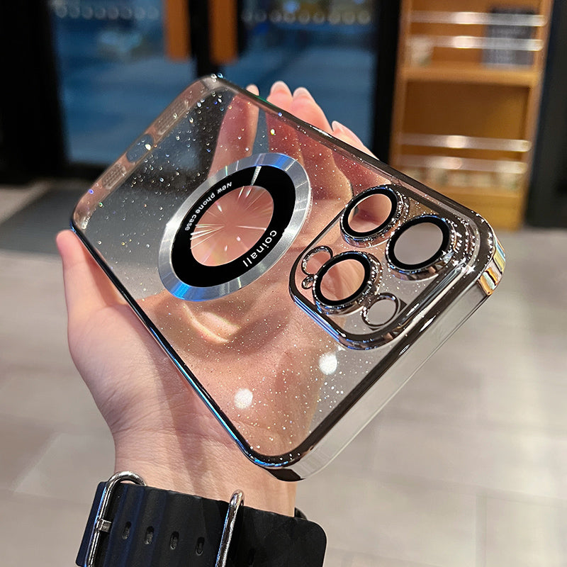 MAGNETISCHE APPLE-TELEFONHÜLLE MIT GALVANISIERTEM GLITZER-LEAKY-LABEL