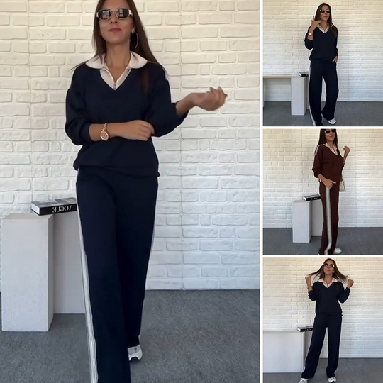 Damen-Set: Langarm-Oberteil mit Hemdkragen und Hose