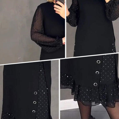🔥Women's Round Neck Solid Color Rhinestone Dress