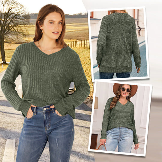 Damen-Pullover mit V-Ausschnitt und langen Ärmeln in Uni-Farbe
