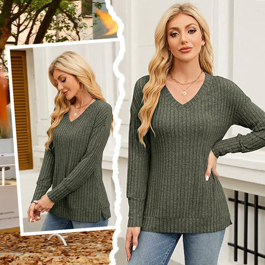 Damen-Pullover mit V-Ausschnitt und langen Ärmeln in Uni-Farbe