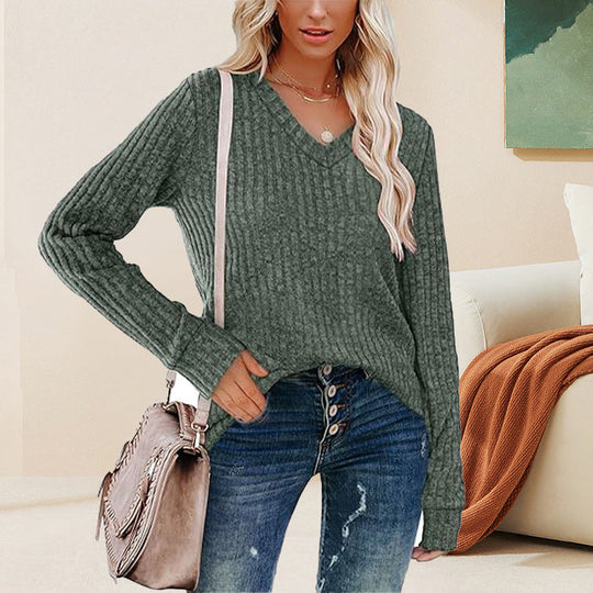 Damen-Pullover mit V-Ausschnitt und langen Ärmeln in Uni-Farbe