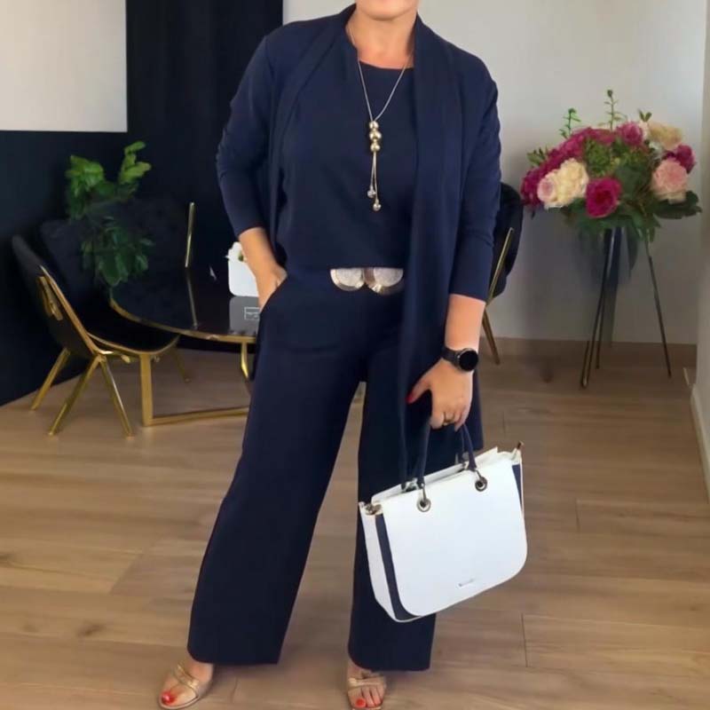New Arrival✨3-Piece Set with Short Sleeve Top, Wide-Leg Pants &amp; Long Cardigan – Effortless Layered Style