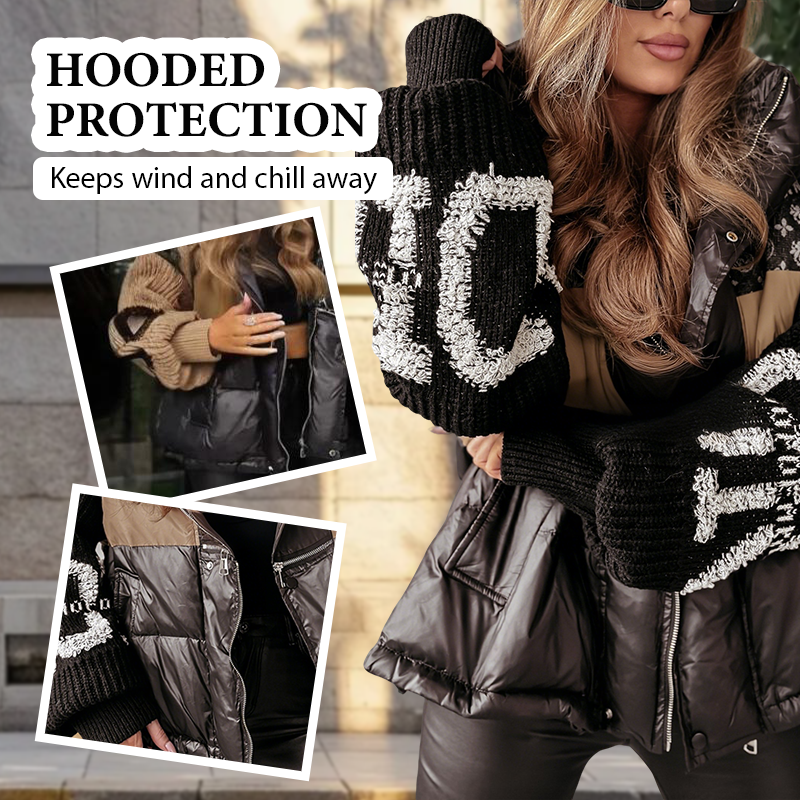 💖Damen Steppjacke mit Kapuze, Strickärmeln und Patchwork-Design