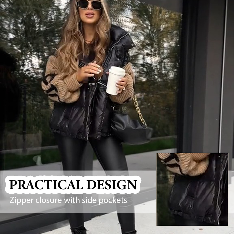 💖Damen Steppjacke mit Kapuze, Strickärmeln und Patchwork-Design