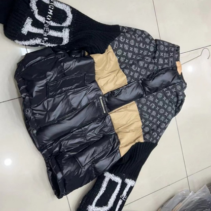 💖Damen Steppjacke mit Kapuze, Strickärmeln und Patchwork-Design