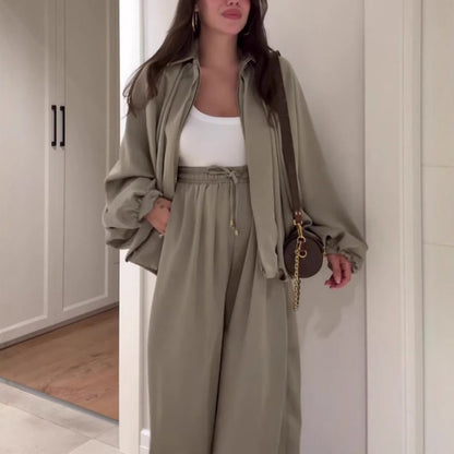 Damen lockeres Set: Jacke mit Reißverschluss & Weitbeinhose🔥KOSTENLOSER VERSAND