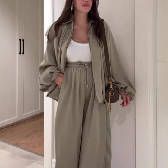 Damen lockeres Set: Jacke mit Reißverschluss &amp; Weitbeinhose🔥KOSTENLOSER VERSAND