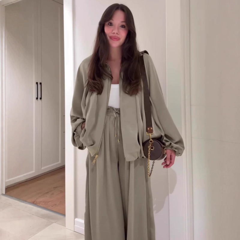 Damen lockeres Set: Jacke mit Reißverschluss & Weitbeinhose🔥KOSTENLOSER VERSAND