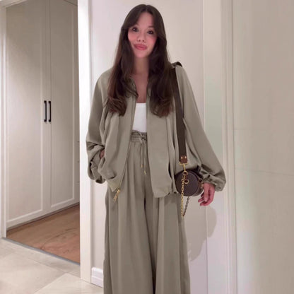 Damen lockeres Set: Jacke mit Reißverschluss & Weitbeinhose🔥KOSTENLOSER VERSAND