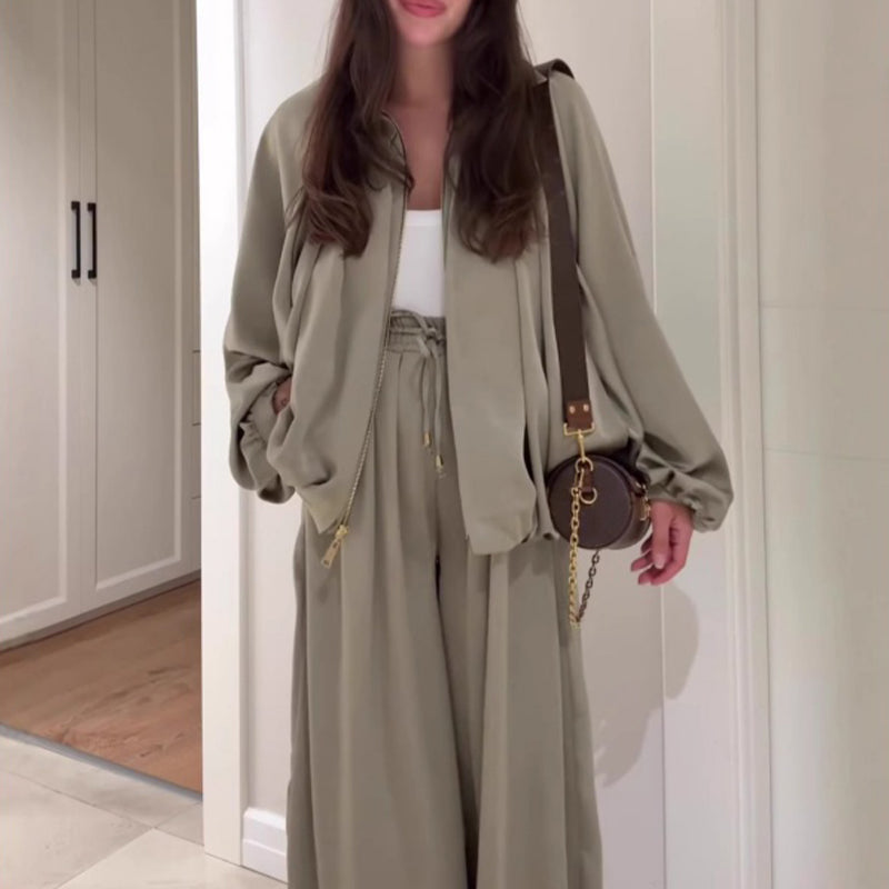 Damen lockeres Set: Jacke mit Reißverschluss & Weitbeinhose🔥KOSTENLOSER VERSAND