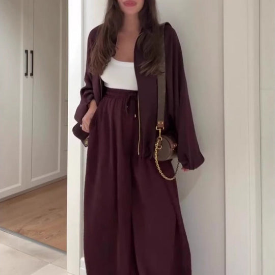 Damen lockeres Set: Jacke mit Reißverschluss &amp; Weitbeinhose🔥KOSTENLOSER VERSAND