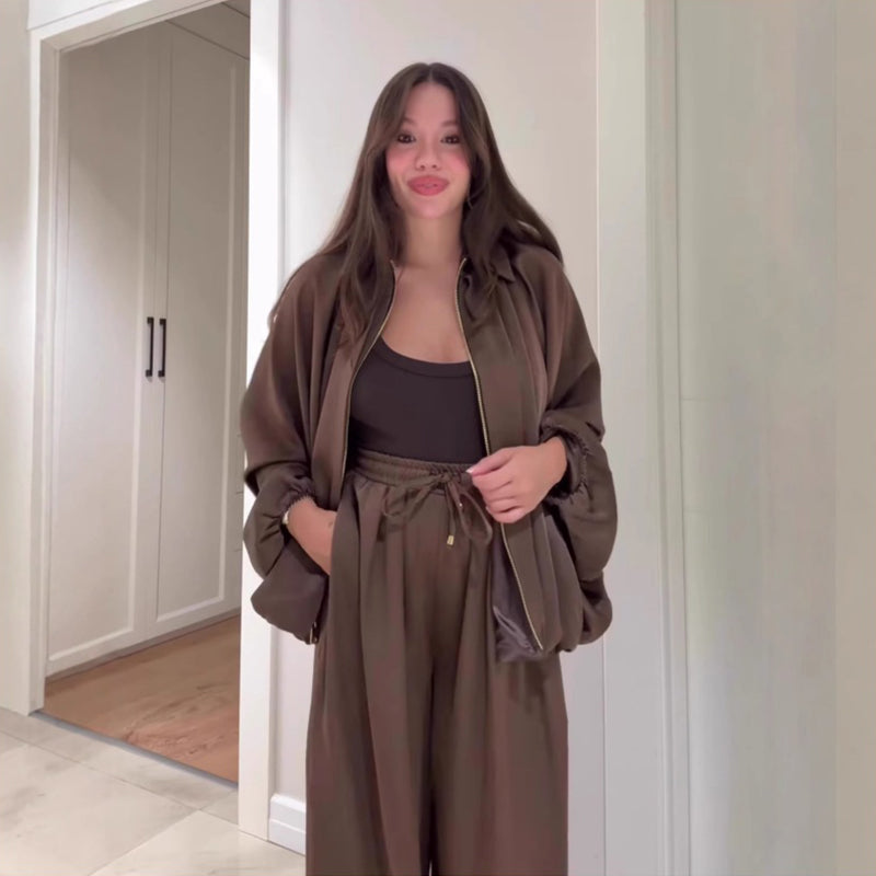 Damen lockeres Set: Jacke mit Reißverschluss & Weitbeinhose🔥KOSTENLOSER VERSAND