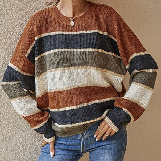 Locker gestreifter Pullover für Damen mit langen Ärmeln