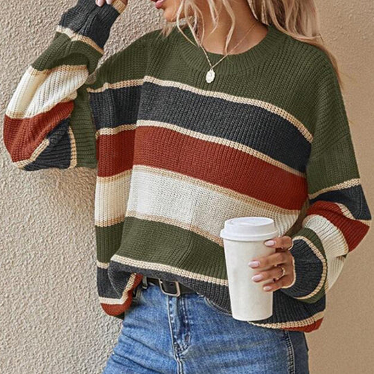 Locker gestreifter Pullover für Damen mit langen Ärmeln